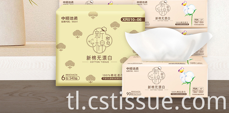 Magandang kalidad 100% purong cotton lint libreng papel tissue malambot pack facial tissue